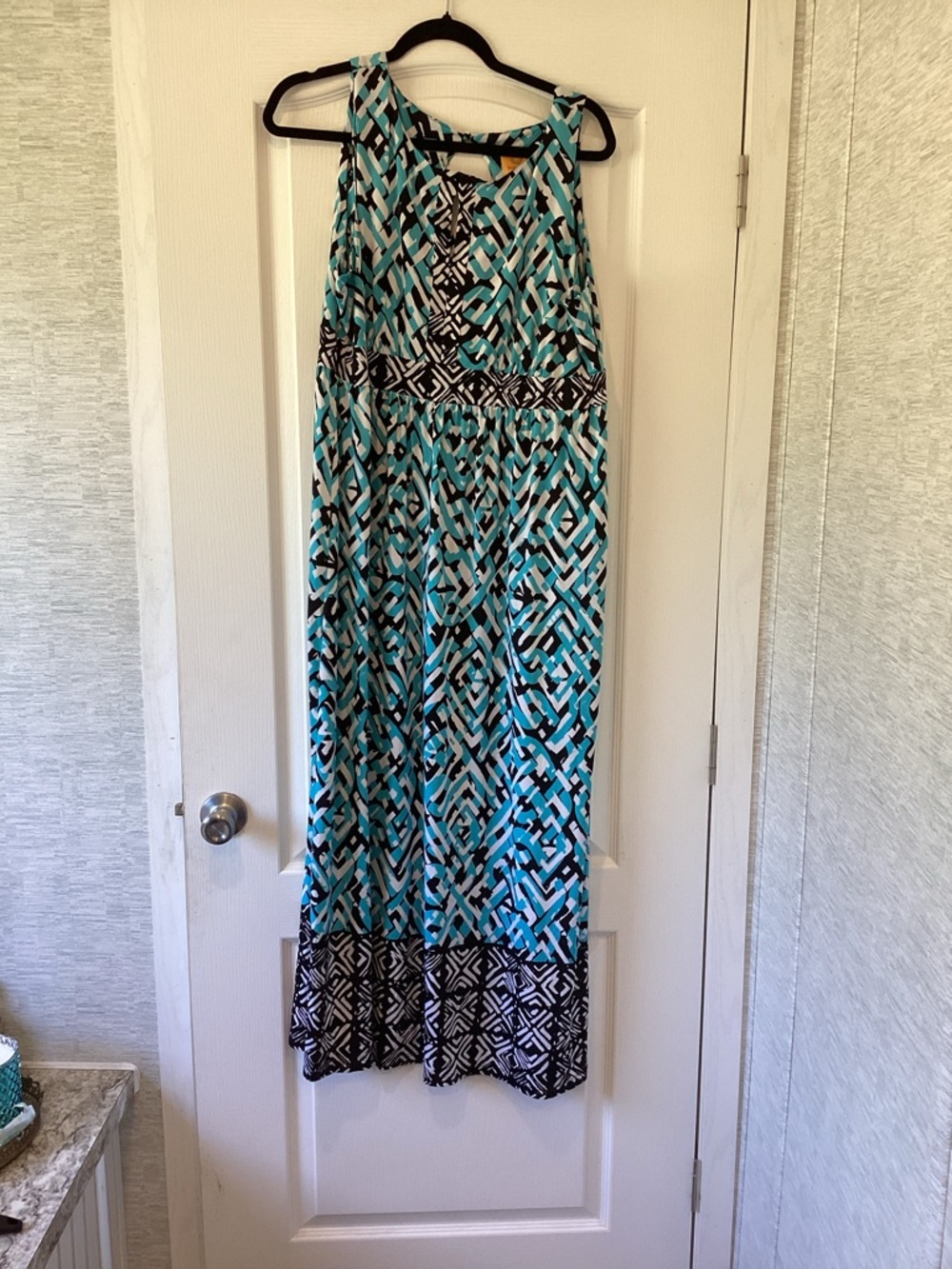 Ruby Rd. Teal Black White Geometric Maxi Dress XL EUC